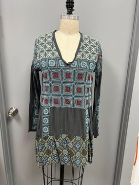 Johnny Was Black Tunic with Blue, Red and Yellow Geometric Embroidery